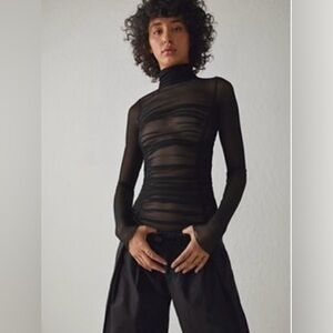 Free People Black Long Sleeve Sheer Bodysuit